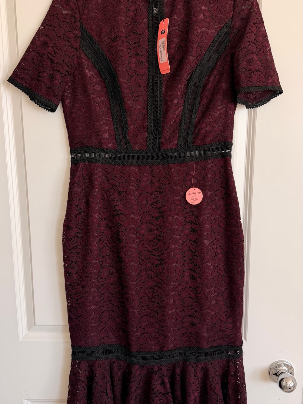 Chi Chi London Burgundy Lace Midi Dress with Black Trim